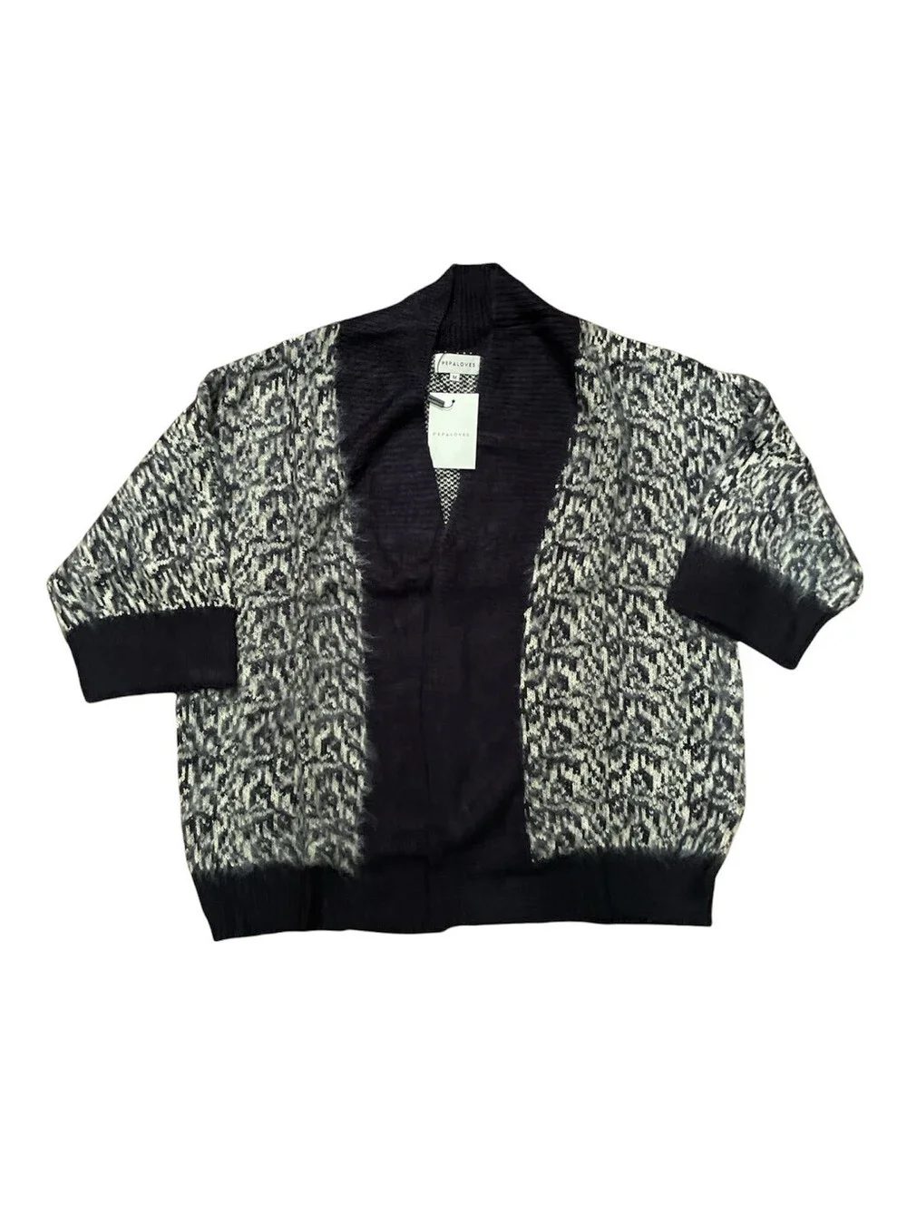 Pepaloves Womens Cardigan Sweater Black Abstract SS Tight Knit Size M New